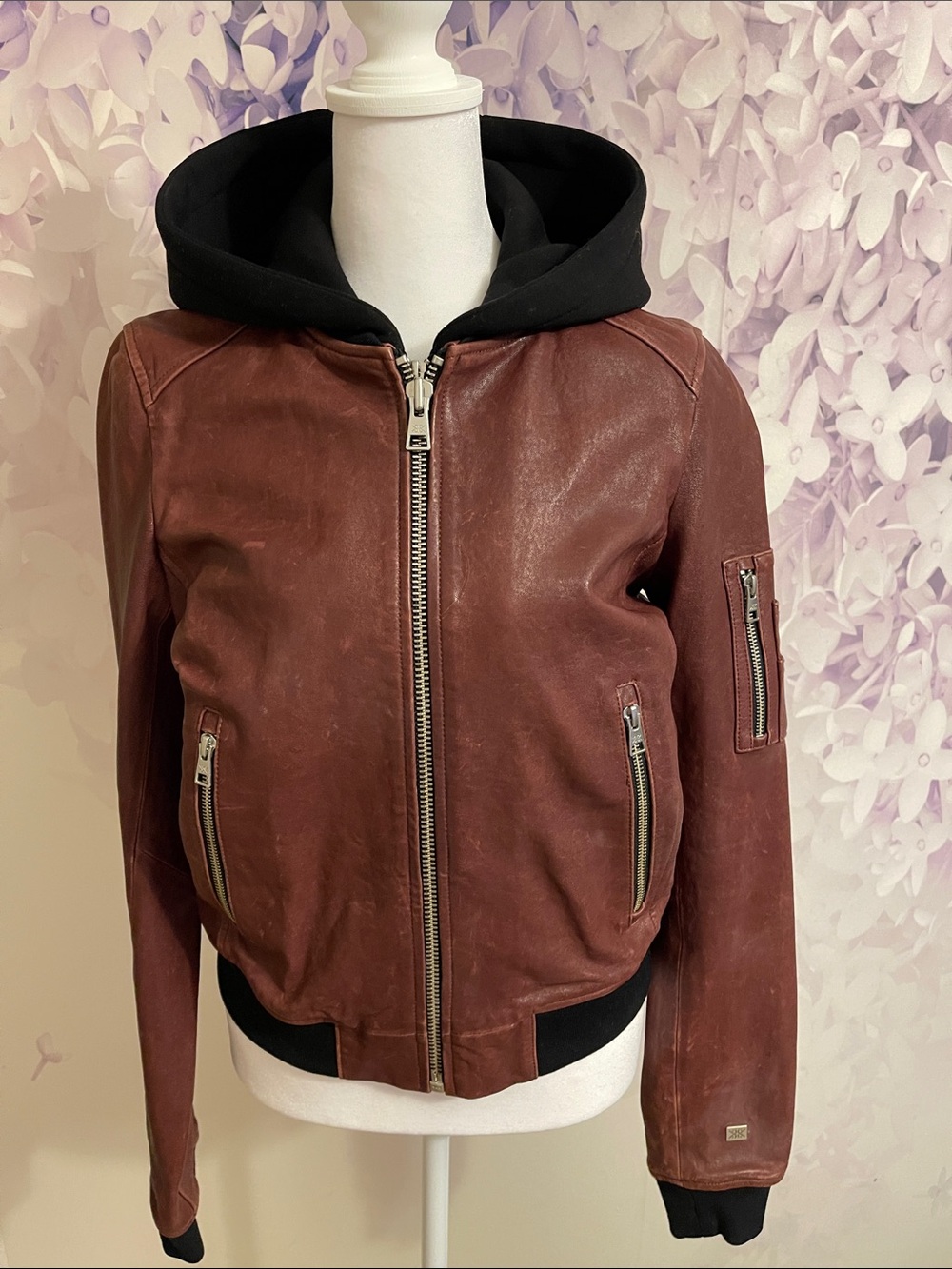 Soia&Kyo Burgundy Distressed Genuine Leather Hooded Bomber Jacket  size XS/TP
